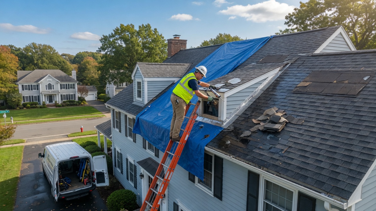 Emergency roof repair service in Summit NJ, showcasing a technician fixing a roof leak